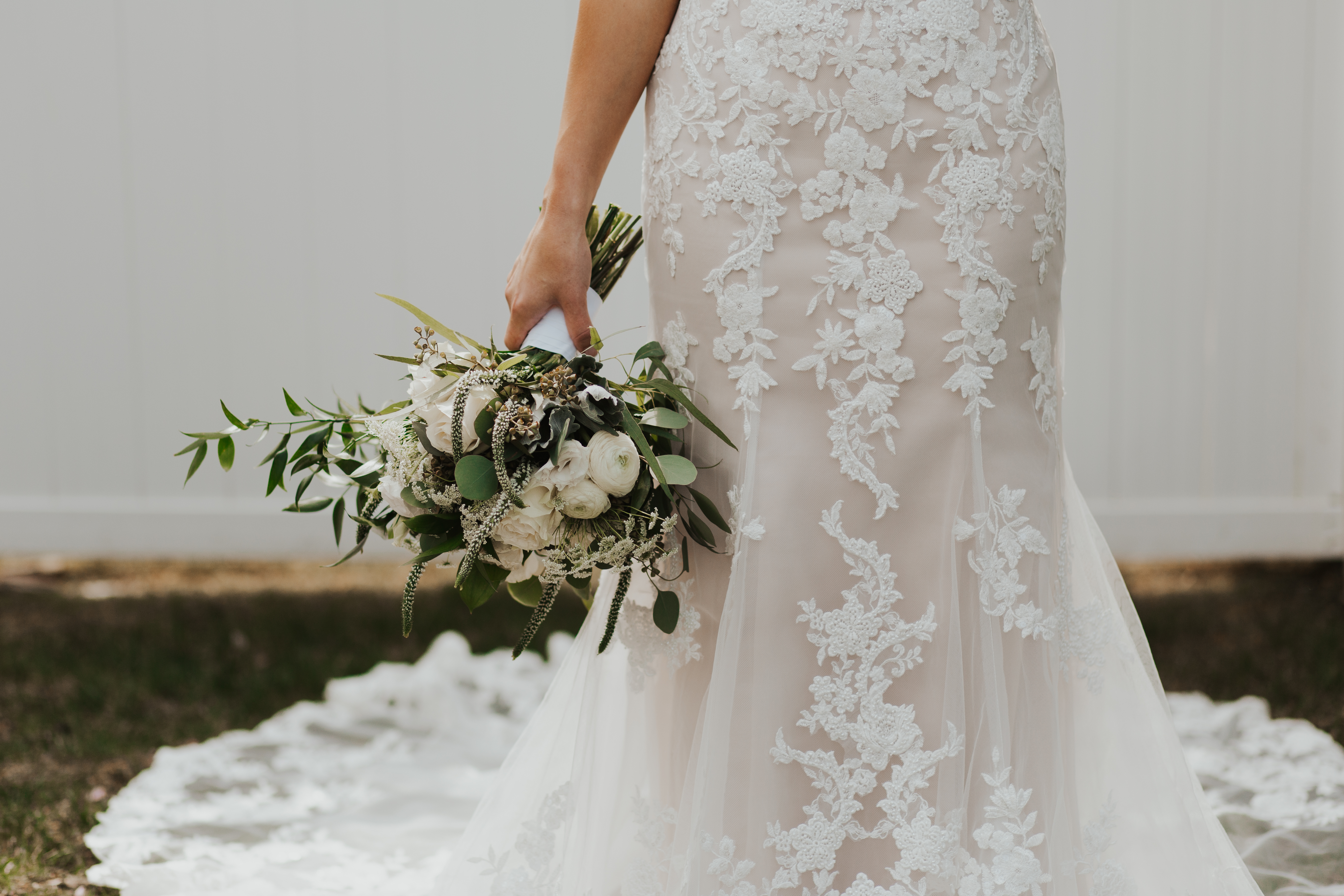 wedding dress and bouquet