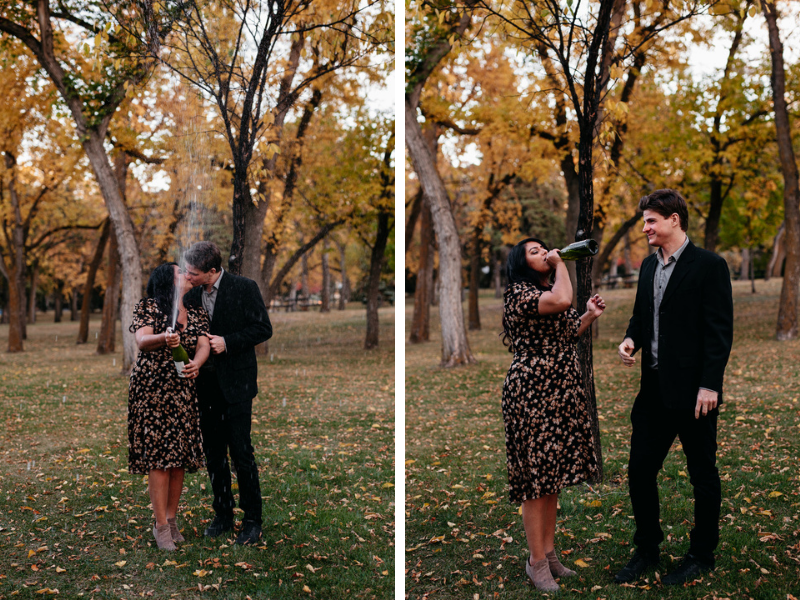 engagement photos with champagne pop
