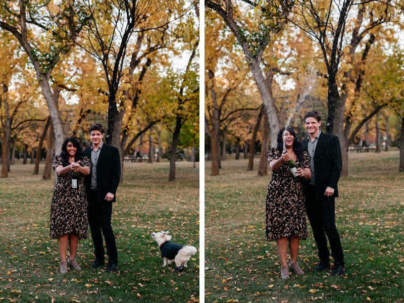 engagement photos with champagne pop