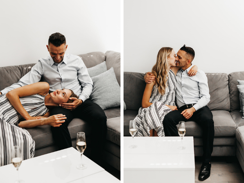 engagement photos at home with champagne