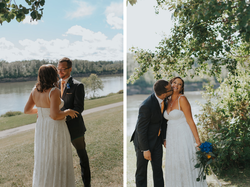 wedding photos in front of North Saskatchewan river