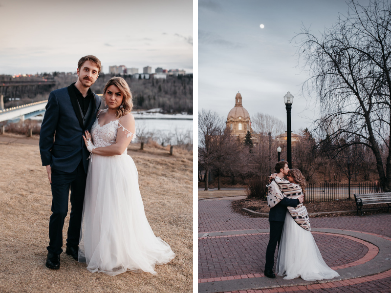 on the left, we have a bride and groom taking photos during the day in Edmonton. On the right, we have evening photos of a bride and groom in downtown Edmonton. 
