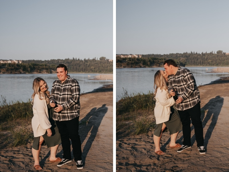 champagne pop during engagement photos